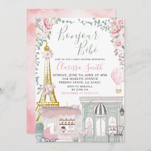Roze en groene Eiffel baby shower Kaart (Voorkant / Achterkant)