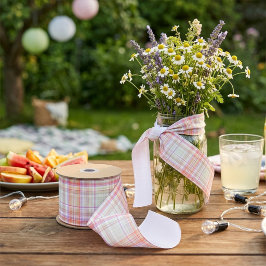 Roze en groene elegante moderne eenvoudige ruitjes grosgrain lint