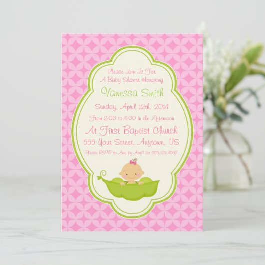 Roze en groene erwt in het Pod Baby shower Invitat Kaart (Staand voorkant)