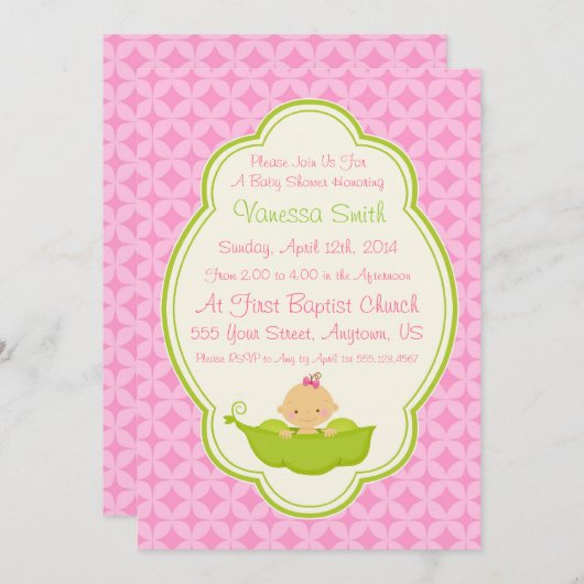 Roze en groene erwt in het Pod Baby shower Invitat Kaart (Voorkant / Achterkant)