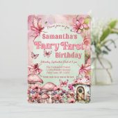 Roze en groene fee eerste verjaardag QR-code Kaart (Staand voorkant)