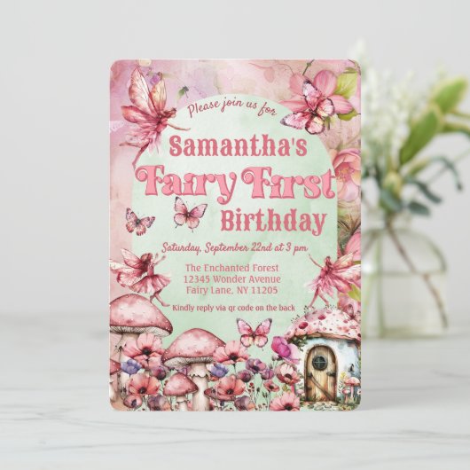 Roze en groene fee eerste verjaardag QR-code Kaart (Staand voorkant)