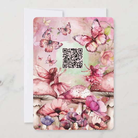 Roze en groene fee eerste verjaardag QR-code Kaart (Achterkant)
