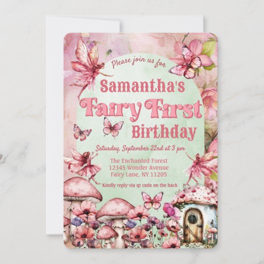 Roze en groene fee eerste verjaardag QR-code Kaart (Voorkant)
