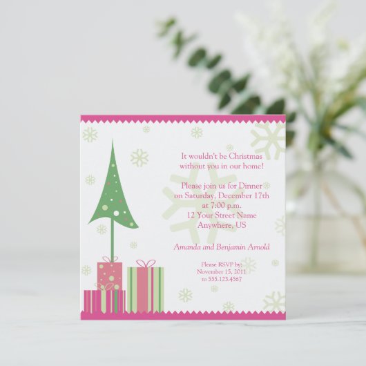Roze en groene feestelijke kerstuitnodiging kaart (Staand voorkant)
