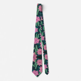 Roze en groene Floral afdrukken op zwart Stropdas