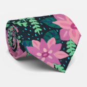 Roze en groene Floral afdrukken op zwart Stropdas (Opgerold)