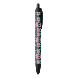 Roze en groene Floral afdrukken op zwart Zwarte Inkt Pen