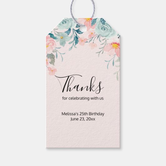 Roze en groene Floral Border Dank u Cadeaulabel (Voorkant)