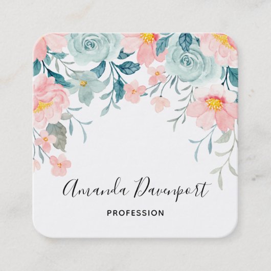 Roze en groene Floral Border Elegant Vierkante Visitekaartje (Voorkant)