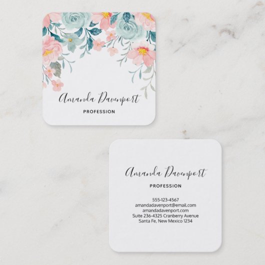Roze en groene Floral Border Elegant Vierkante Visitekaartje (Voorkant / Achterkant)