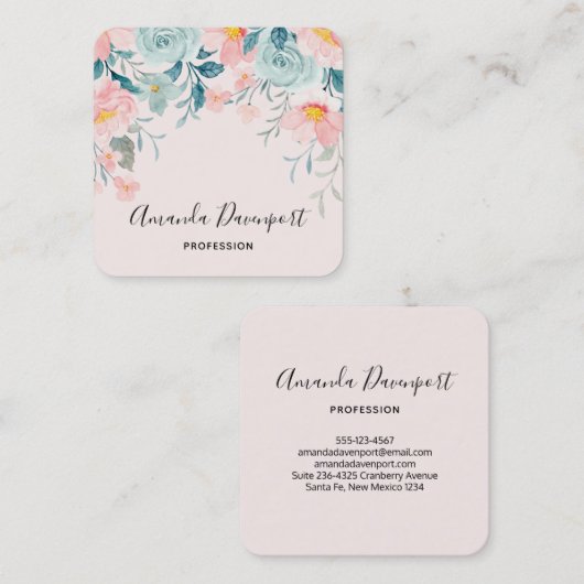 Roze en groene Floral Border Elegant Vierkante Visitekaartje (Voorkant / Achterkant)