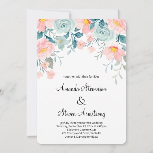 Roze en groene Floral Border Elegant Wedding Kaart (Voorkant)