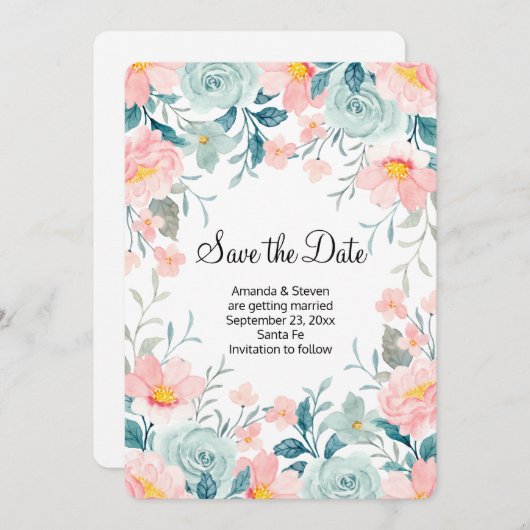 Roze en groene Floral Border Elegant Wedding Save The Date (Voorkant / Achterkant)