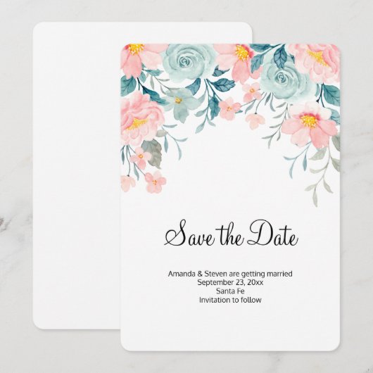 Roze en groene Floral Border Elegant Wedding Save The Date (Voorkant / Achterkant)