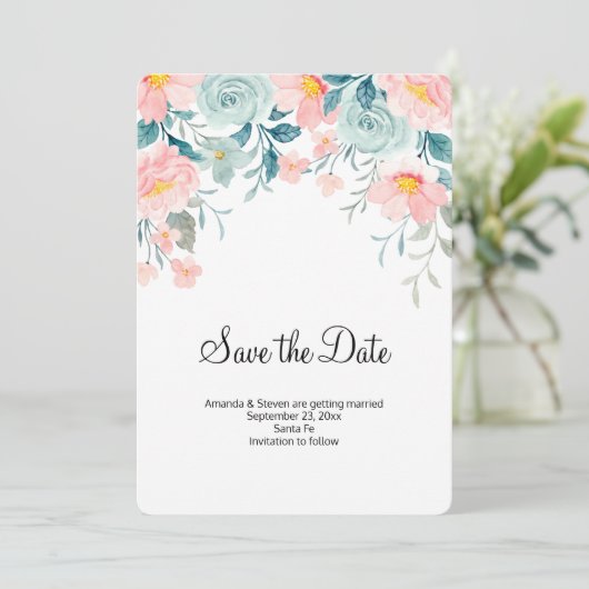Roze en groene Floral Border Elegant Wedding Save The Date (Staand voorkant)