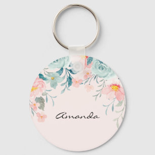 Roze en groene Floral Border Sleutelhanger