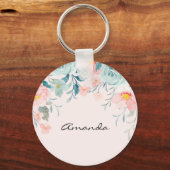 Roze en groene Floral Border Sleutelhanger (Voorkant)