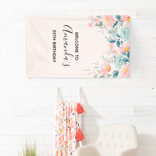 Roze en groene Floral Border Spandoek (Insitu)