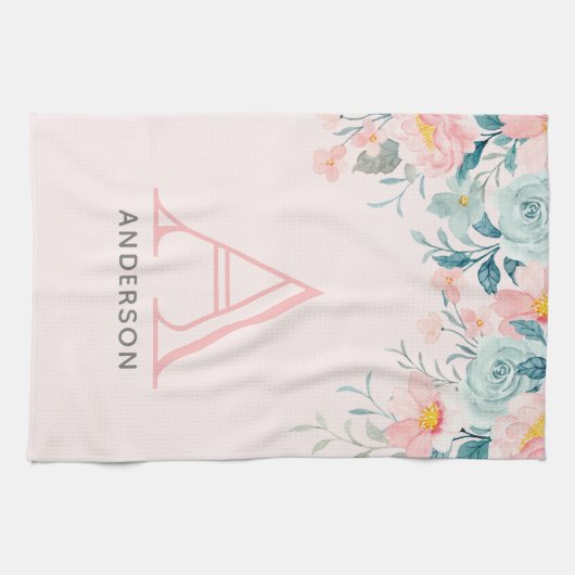 Roze en groene Floral Border Theedoek (Horizontaal)