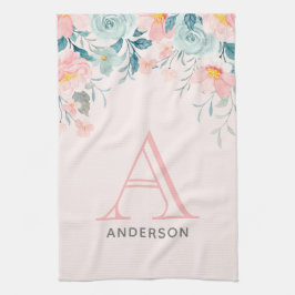 Roze en groene Floral Border Theedoek