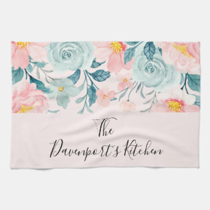 Roze en groene Floral Border Theedoek