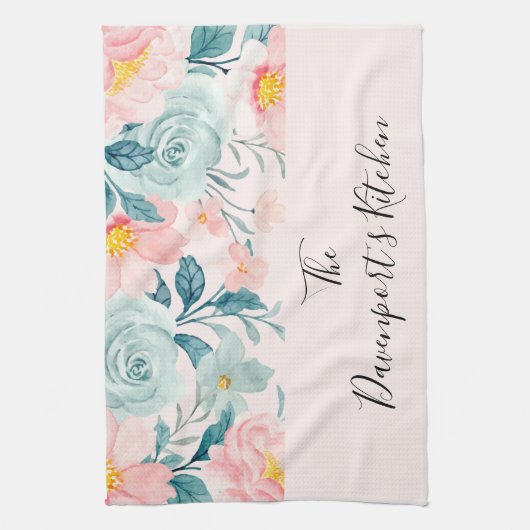 Roze en groene Floral Border Theedoek (Verticaal)