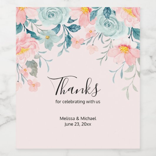 Roze en groene Floral Border Wedding Wijn Etiket (Enkel label)