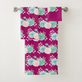 Roze en groene Floral Bouquet op Magenta Pattern Bad Handdoek