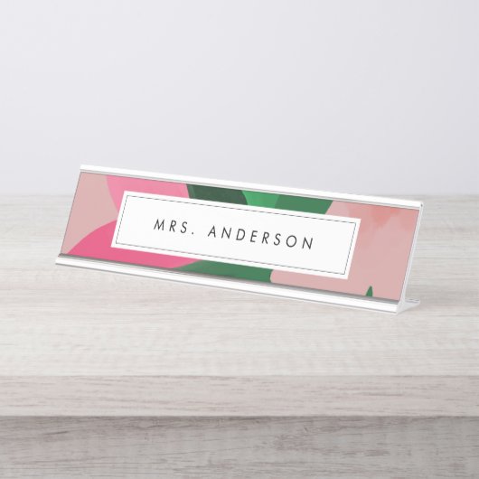 Roze en groene Floral Desk Name Bord Bureau Naambordje (Voorkant)