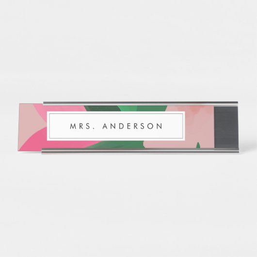 Roze en groene Floral Desk Name Bord Bureau Naambordje (Voorkant)