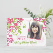 Roze en groene Floral Foto Afstuderen Uitnodiging (Staand voorkant)