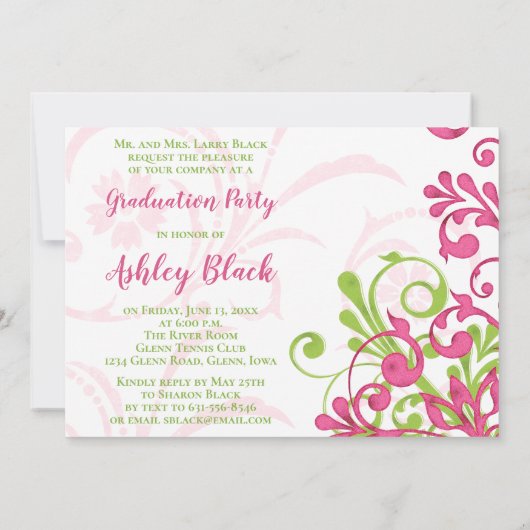 Roze en groene Floral Foto Afstuderen Uitnodiging (Achterkant)