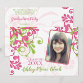 Roze en groene Floral Foto Afstuderen Uitnodiging (Voorkant / Achterkant)