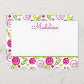 Roze en groene, Floral-gepersonaliseerde platte no Notitiekaartje (Voorkant / Achterkant)