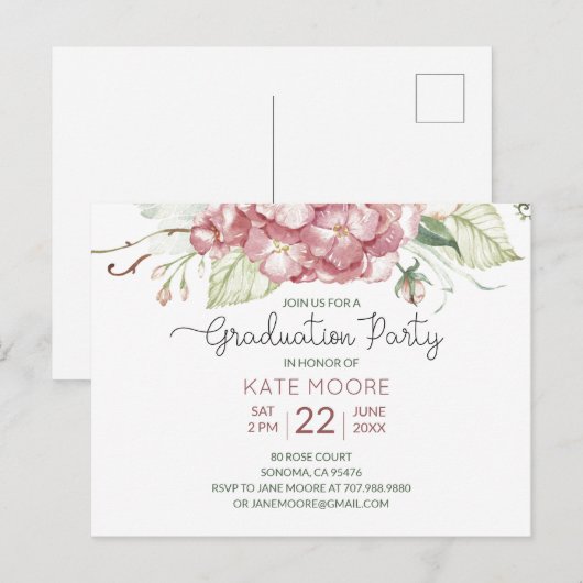 Roze en groene Floral Graduy Party Aankondigingskaart (Voorkant / Achterkant)