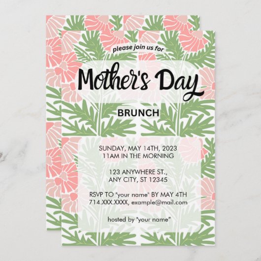 Roze en groene Floral Moederdag Brunch Uitnodiging (Voorkant / Achterkant)