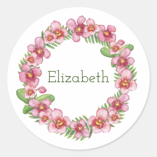 Roze en groene Floral Wreatalized Classic Ronde Sticker (Voorkant)