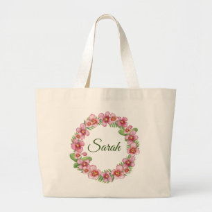 Roze en groene Floral Wreath gepersonaliseerd Grote Tote Bag