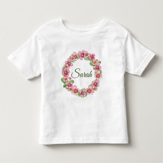 Roze en groene Floral Wreath gepersonaliseerd Kinder Shirts (Voorkant)