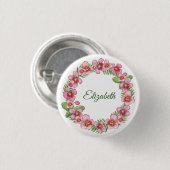 Roze en groene Floral Wreath Personalized Button (Voorkant /achterkant)