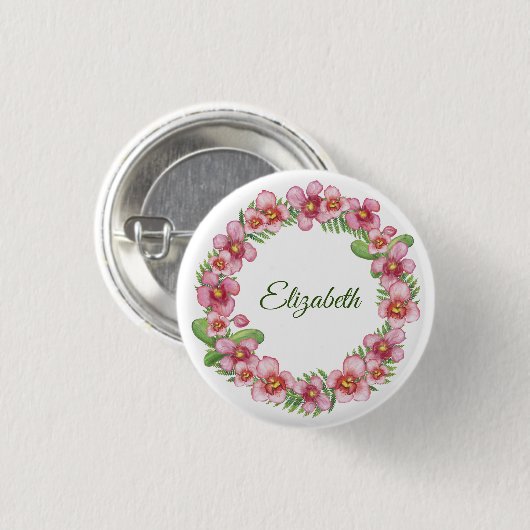 Roze en groene Floral Wreath Personalized Button (Voorkant /achterkant)