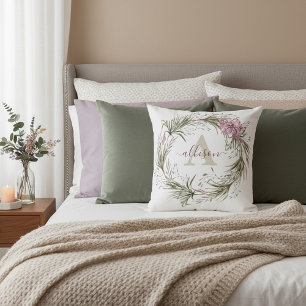 Roze en groene florale, gepersonaliseerd kussen
