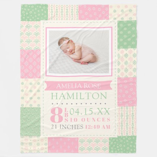 Roze en Groene Geboortestatistieken Foto Baby Fleece Deken (Voorkant)
