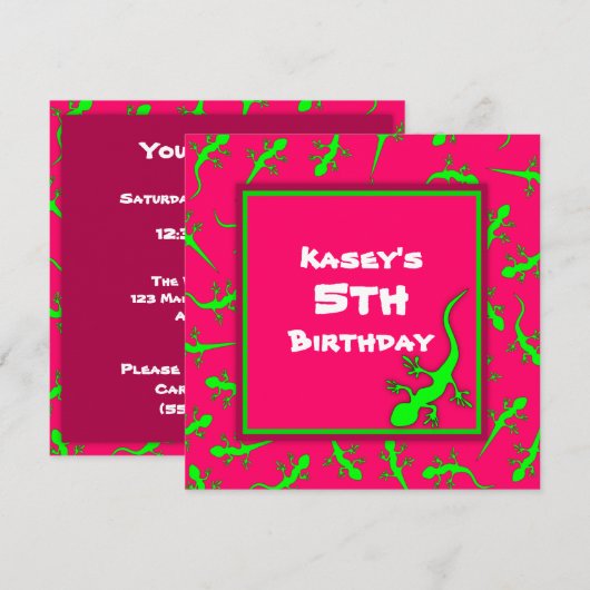 Roze en groene Gecko Lizards Theme Birthday Party Kaart (Voorkant / Achterkant)