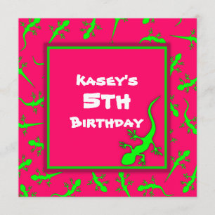 Roze en groene Gecko Lizards Theme Birthday Party Kaart