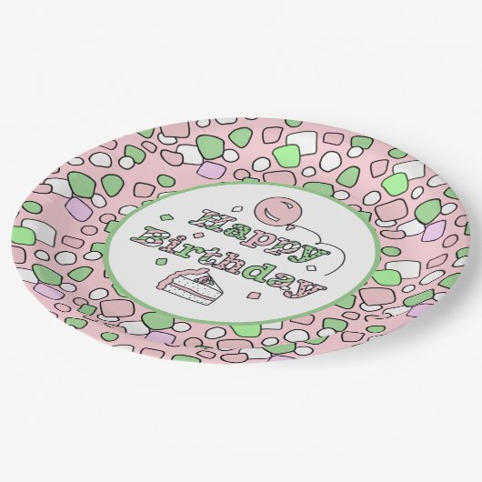 Roze en groene gelukkige dag papieren bordje (Gekanteld)