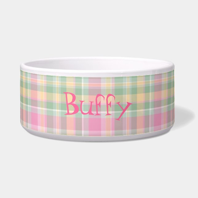 Roze en groene geplakt, aangepaste dog Bowl Voerbakje (Voorkant)