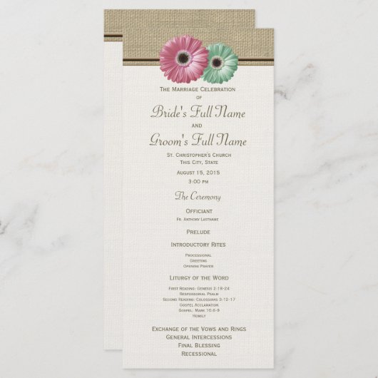 Roze en groene Gerbera Daisy Wedding Program Programmakaart (Voorkant / Achterkant)