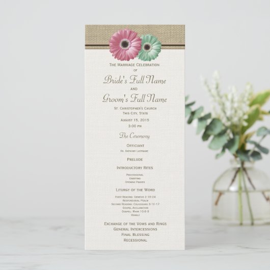 Roze en groene Gerbera Daisy Wedding Program Programmakaart (Staand voorkant)